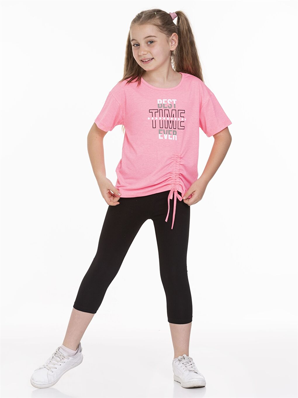 Pembe Bisiklet Yaka Baskılı Kısa Kollu Kız Çocuk Tişört ve Tayt  2'li Takım