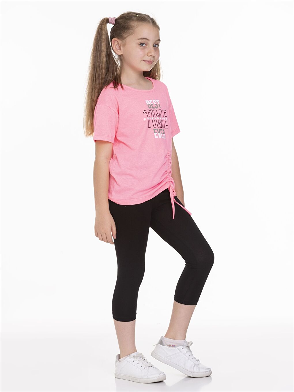Pembe Bisiklet Yaka Baskılı Kısa Kollu Kız Çocuk Tişört ve Tayt  2'li Takım-1
