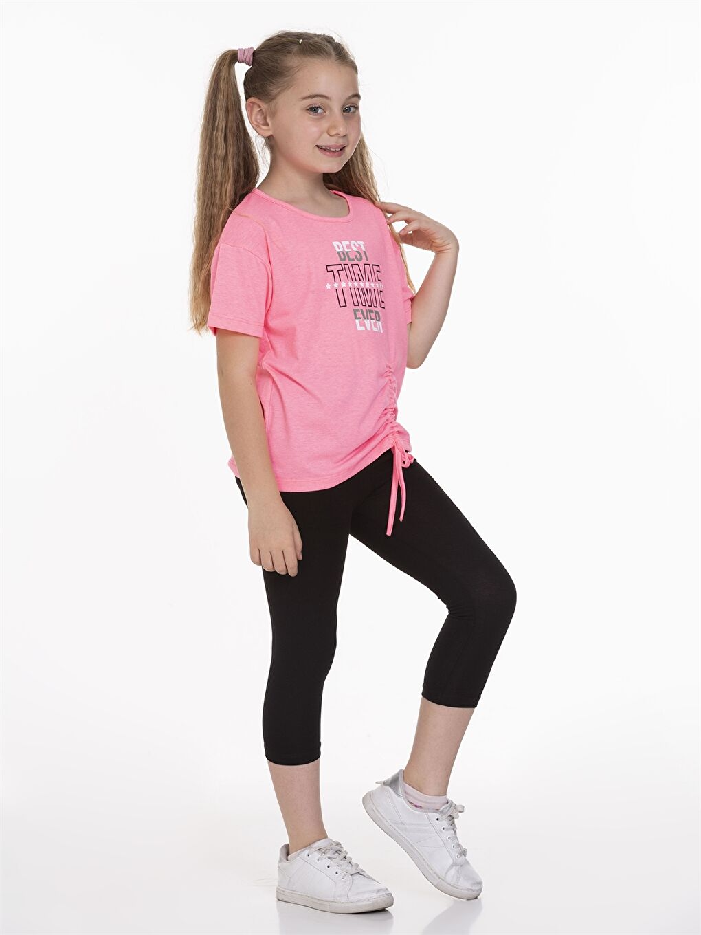 Pembe Bisiklet Yaka Baskılı Kısa Kollu Kız Çocuk Tişört ve Tayt  2'li Takım-2