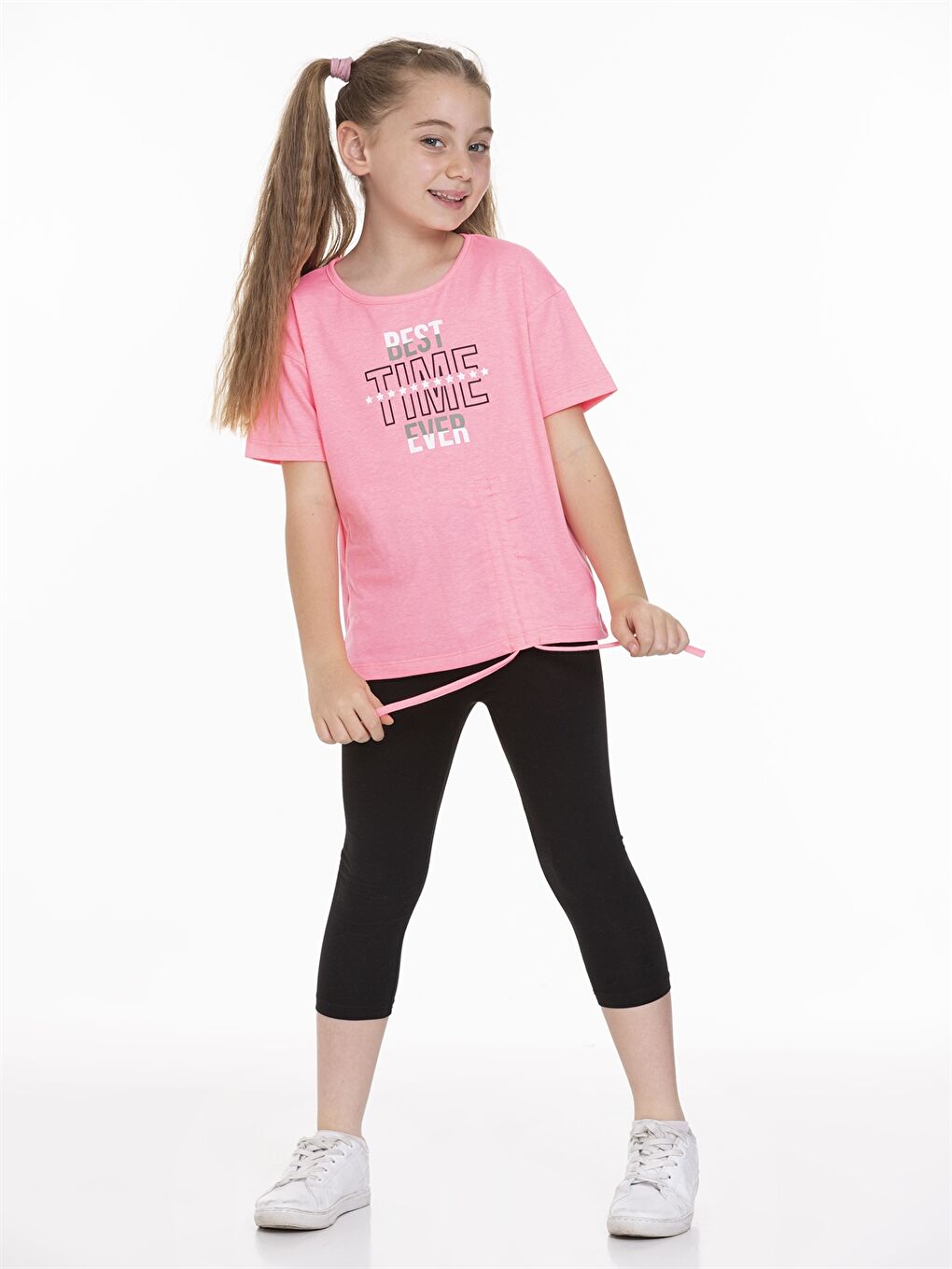 Pembe Bisiklet Yaka Baskılı Kısa Kollu Kız Çocuk Tişört ve Tayt  2'li Takım-3