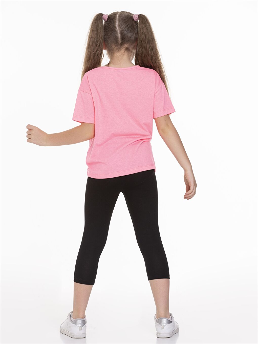 Pembe Bisiklet Yaka Baskılı Kısa Kollu Kız Çocuk Tişört ve Tayt  2'li Takım-4