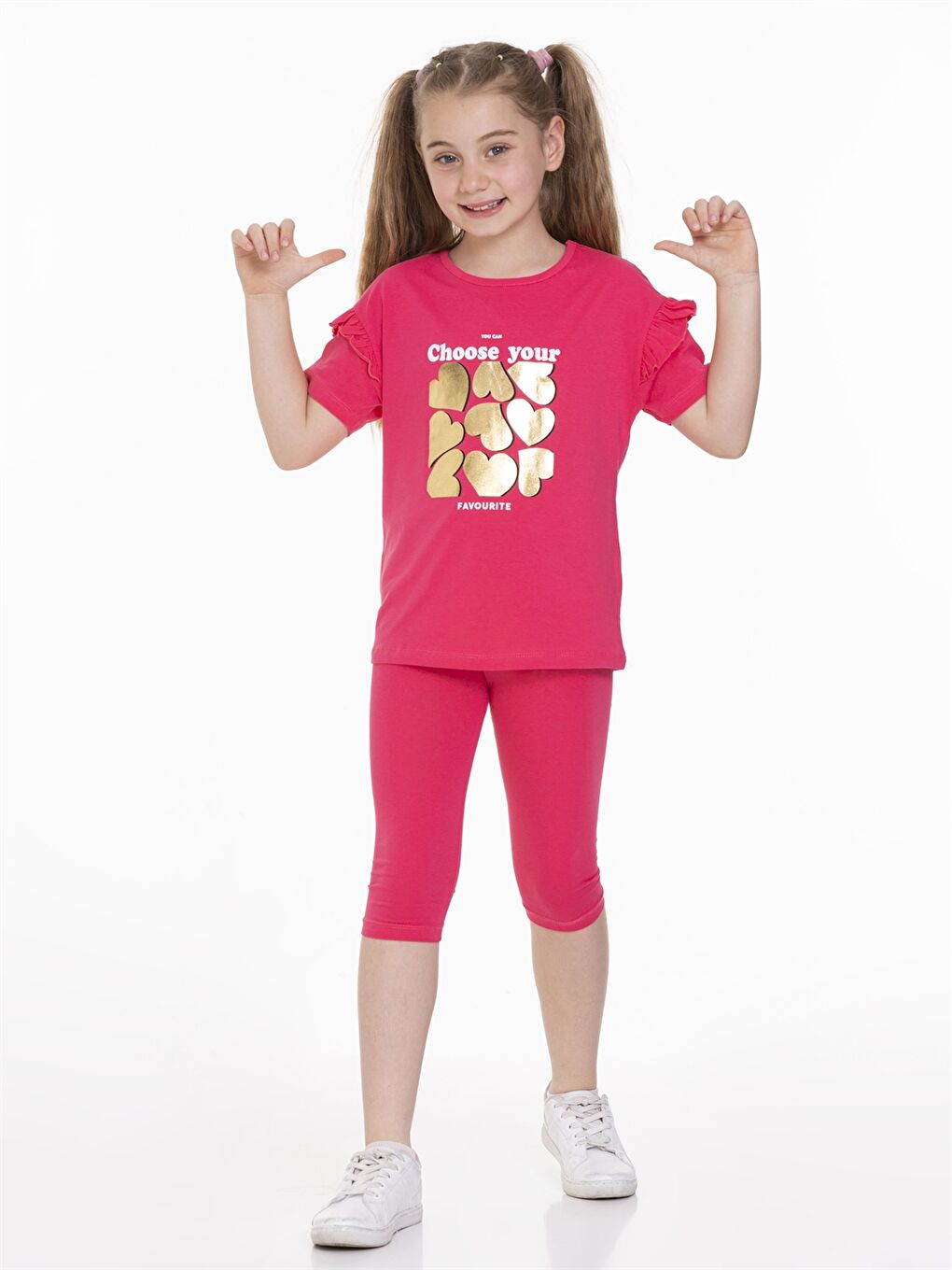 Fuşya Bisiklet Yaka Baskılı Kısa Kollu Kız Çocuk Tişört ve Tayt  2'li Takım