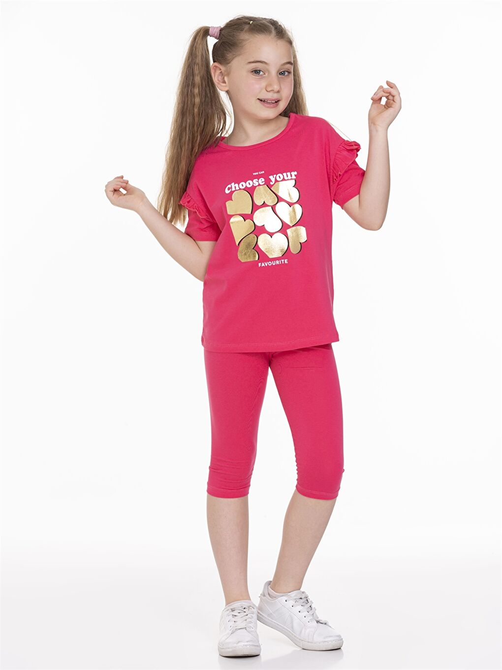 Fuşya Bisiklet Yaka Baskılı Kısa Kollu Kız Çocuk Tişört ve Tayt  2'li Takım-1