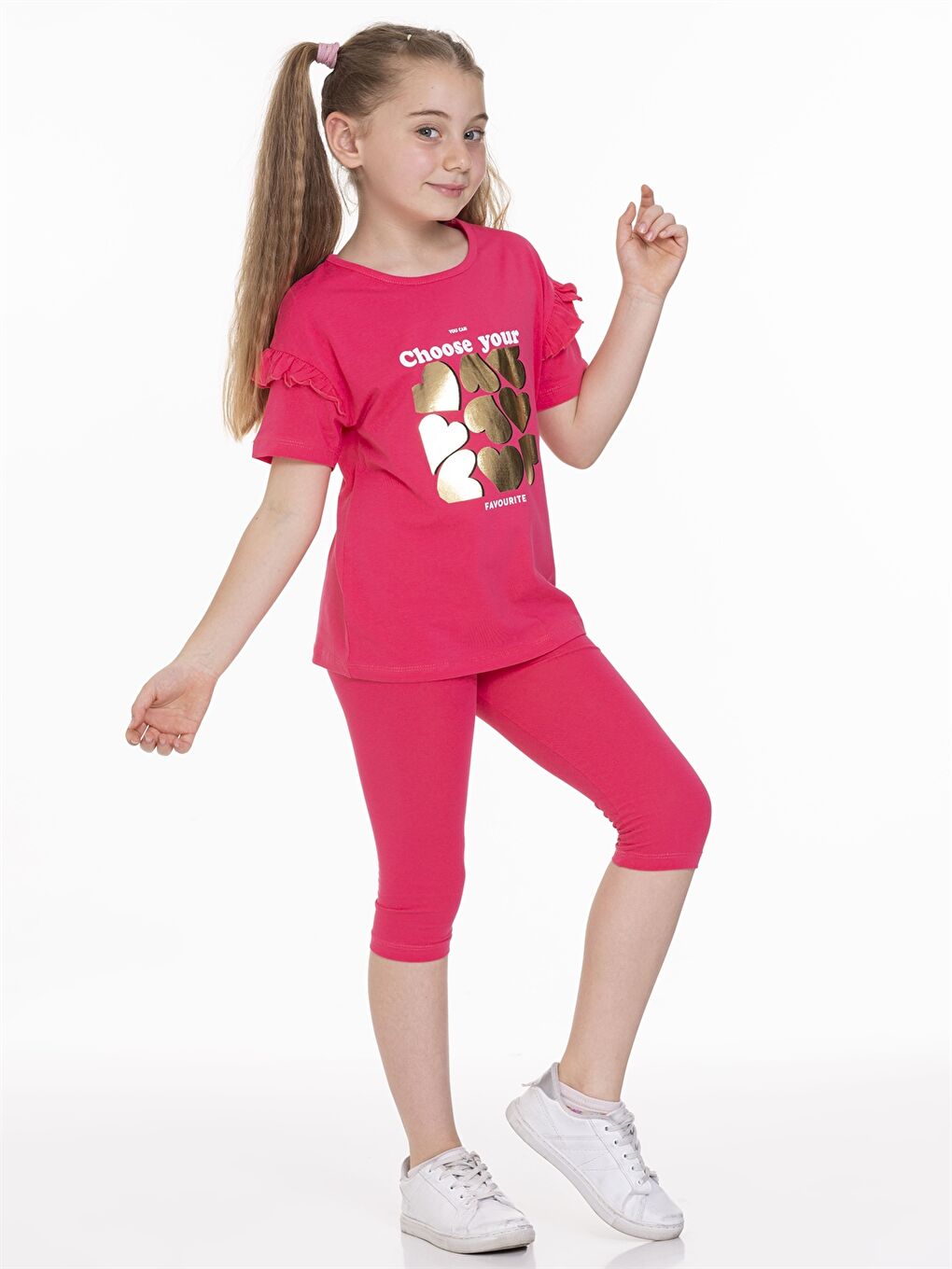 Fuşya Bisiklet Yaka Baskılı Kısa Kollu Kız Çocuk Tişört ve Tayt  2'li Takım-2