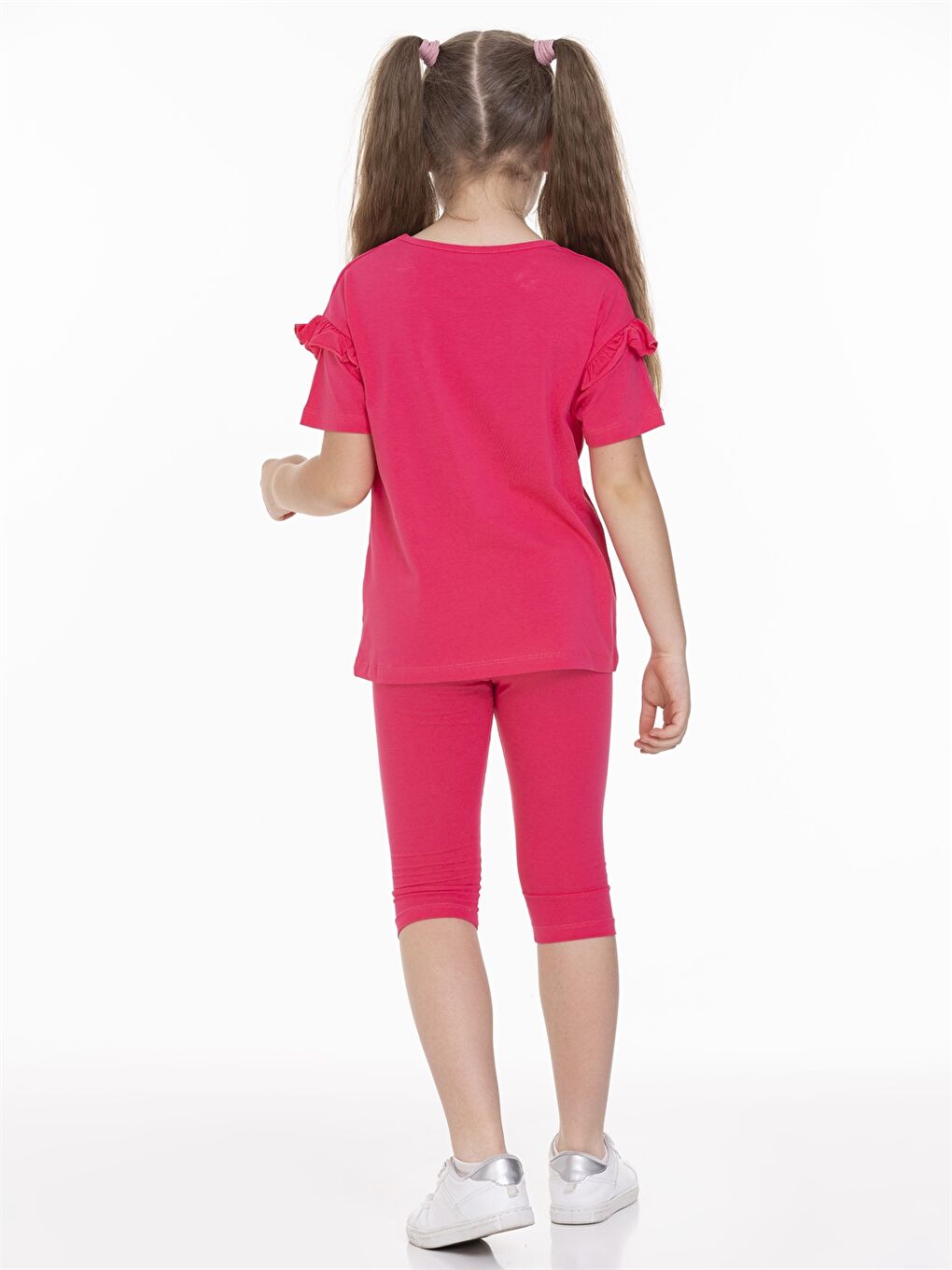 Fuşya Bisiklet Yaka Baskılı Kısa Kollu Kız Çocuk Tişört ve Tayt  2'li Takım-3