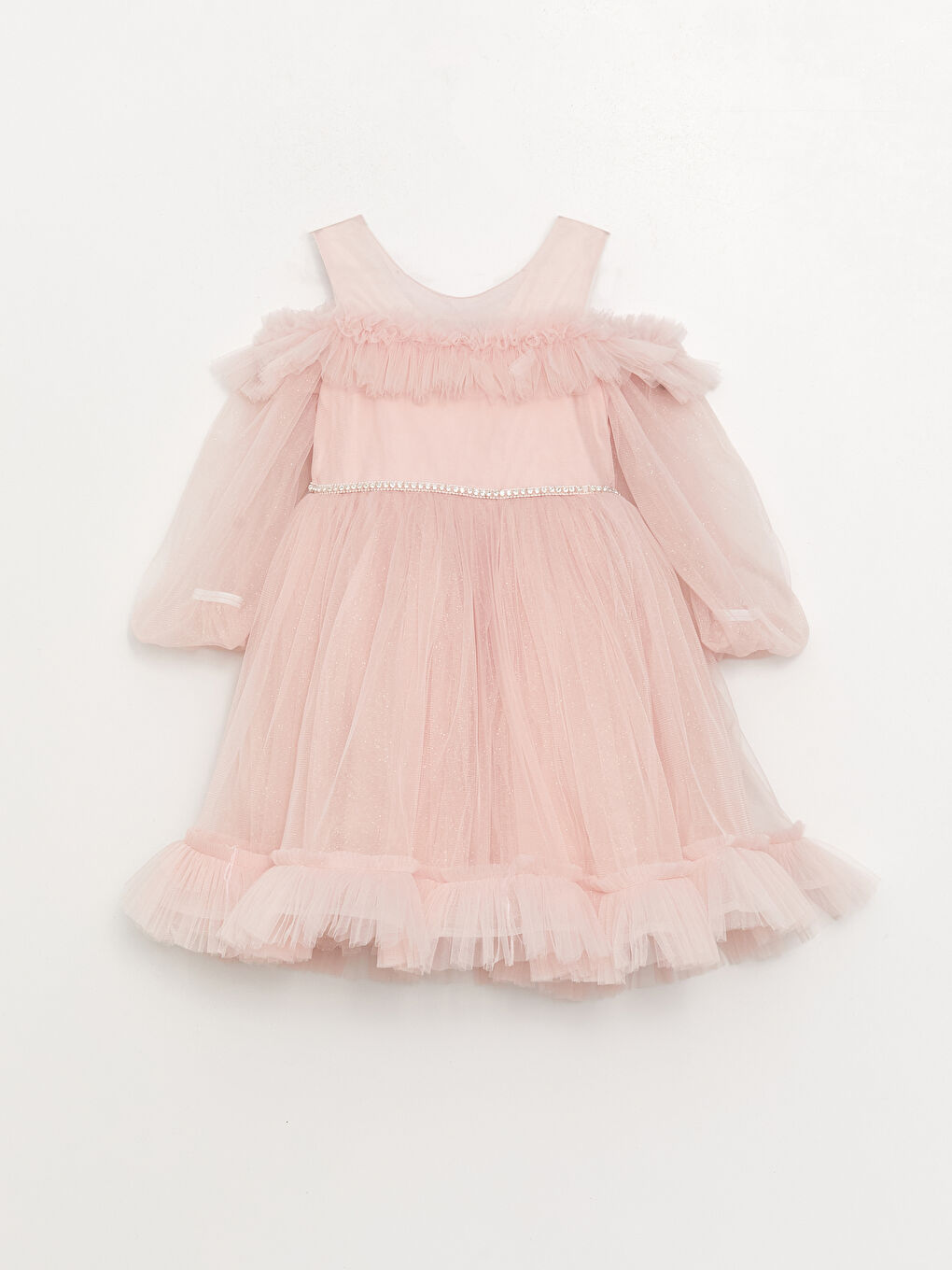 Pembe Bisiklet Yaka Tül Detaylı Kız Çocuk Elbise