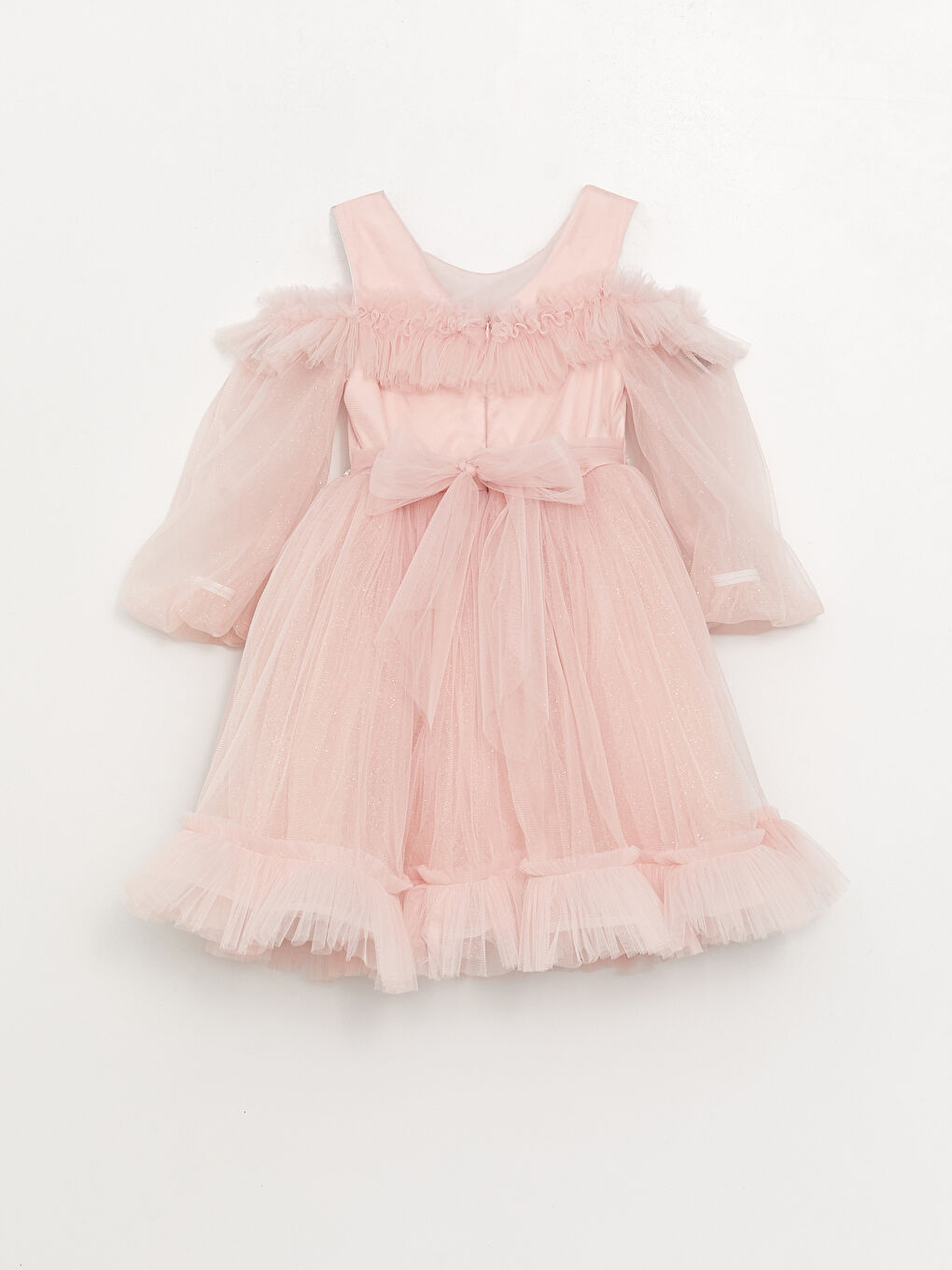 Pembe Bisiklet Yaka Tül Detaylı Kız Çocuk Elbise-1