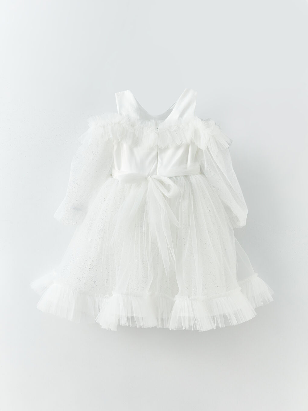 Ekru Bisiklet Yaka Tül Detaylı Kız Çocuk Elbise-1