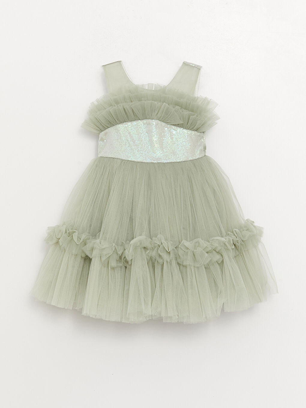 Yeşil Bisiklet Yaka Tül Detaylı Kız Çocuk Elbise