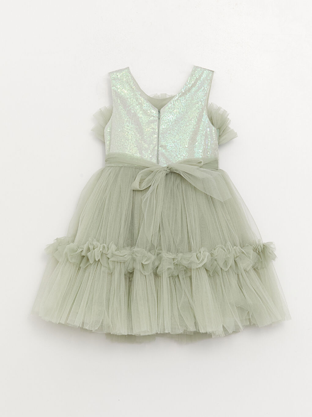 Yeşil Bisiklet Yaka Tül Detaylı Kız Çocuk Elbise-1