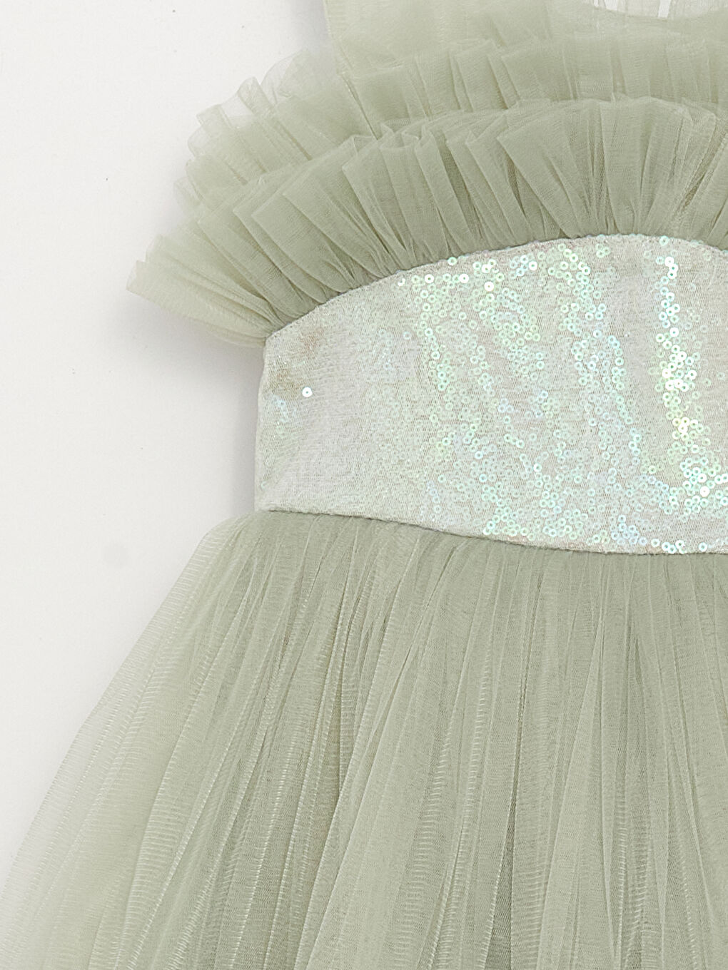Yeşil Bisiklet Yaka Tül Detaylı Kız Çocuk Elbise-2