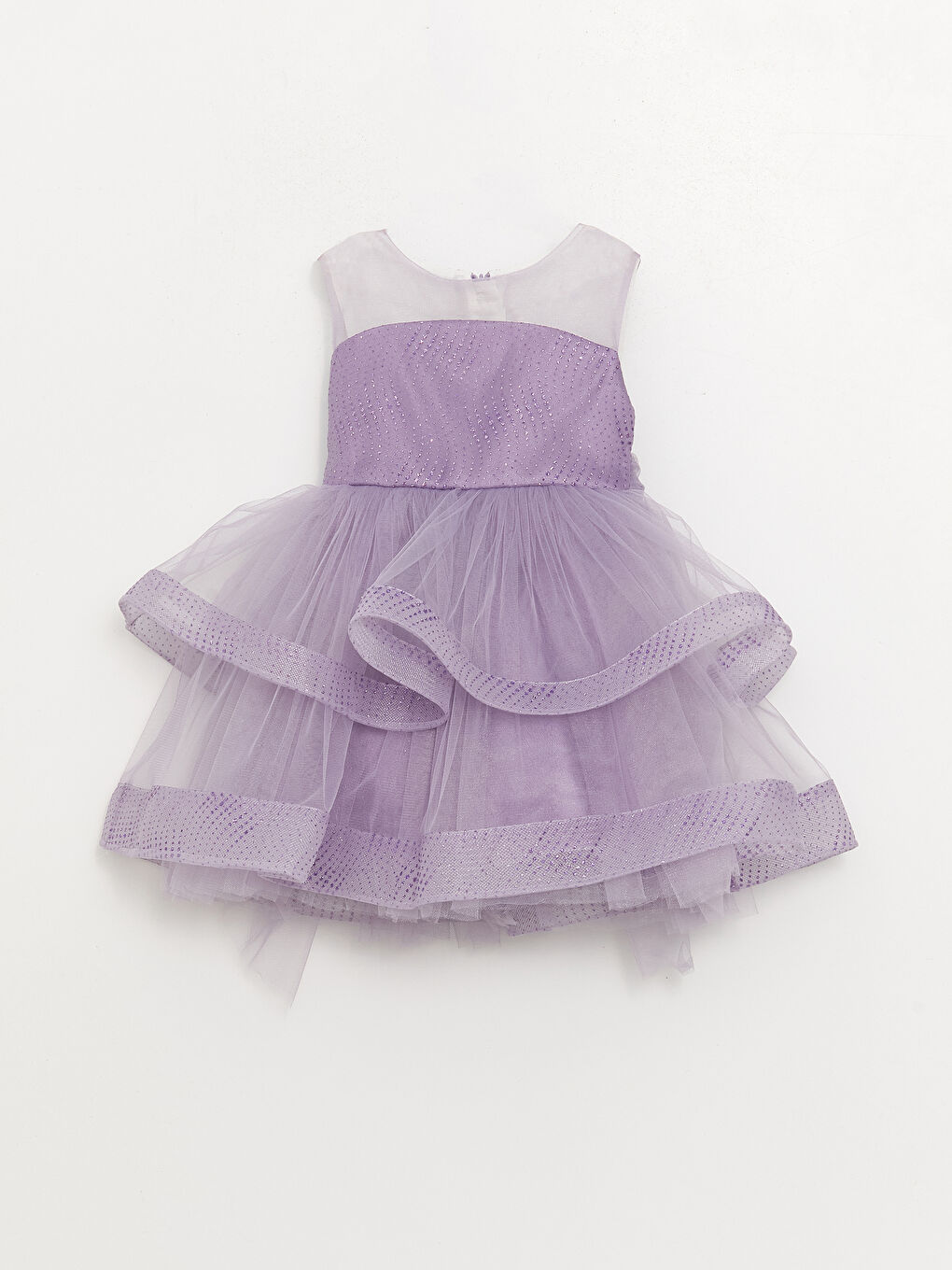 Mor Bisiklet Yaka Tül Detaylı Kız Bebek Abiye Elbise-2