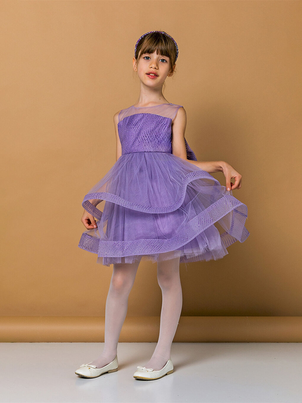 Mor Bisiklet Yaka Tül Detaylı Kız Bebek Abiye Elbise-4