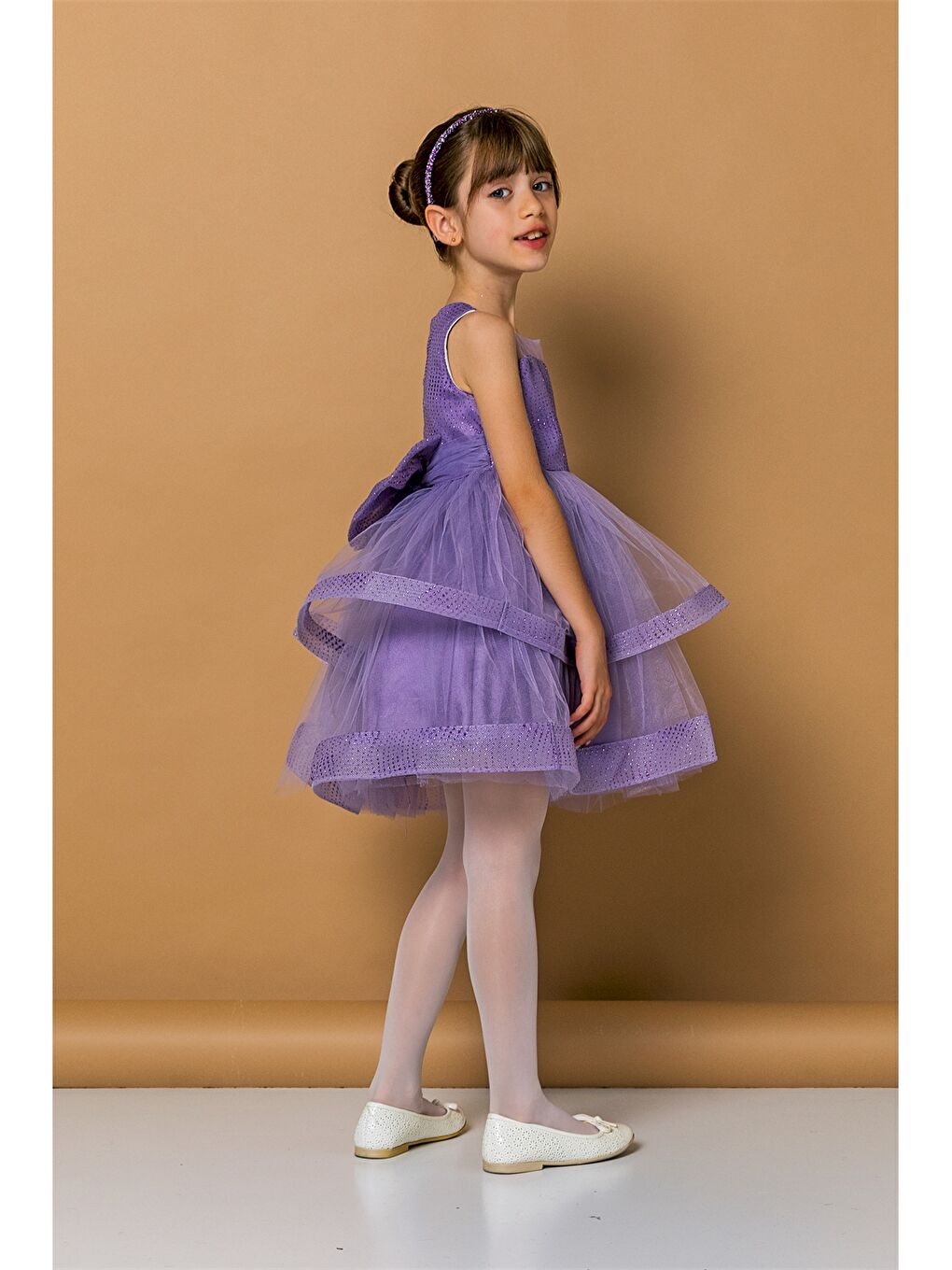 Mor Bisiklet Yaka Tül Detaylı Kız Bebek Abiye Elbise-1