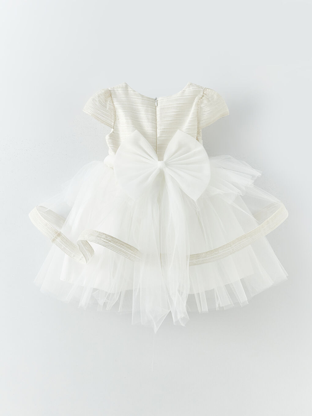Ekru Bisiklet Yaka Kısa Kollu Tül Detaylı Kız Bebek Elbise-1
