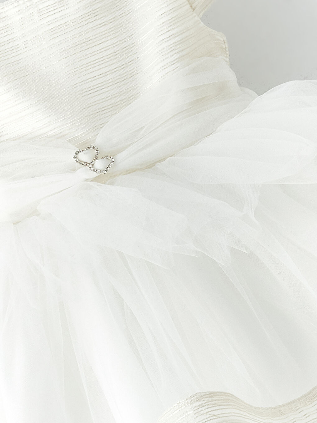 Ekru Bisiklet Yaka Kısa Kollu Tül Detaylı Kız Bebek Elbise-2