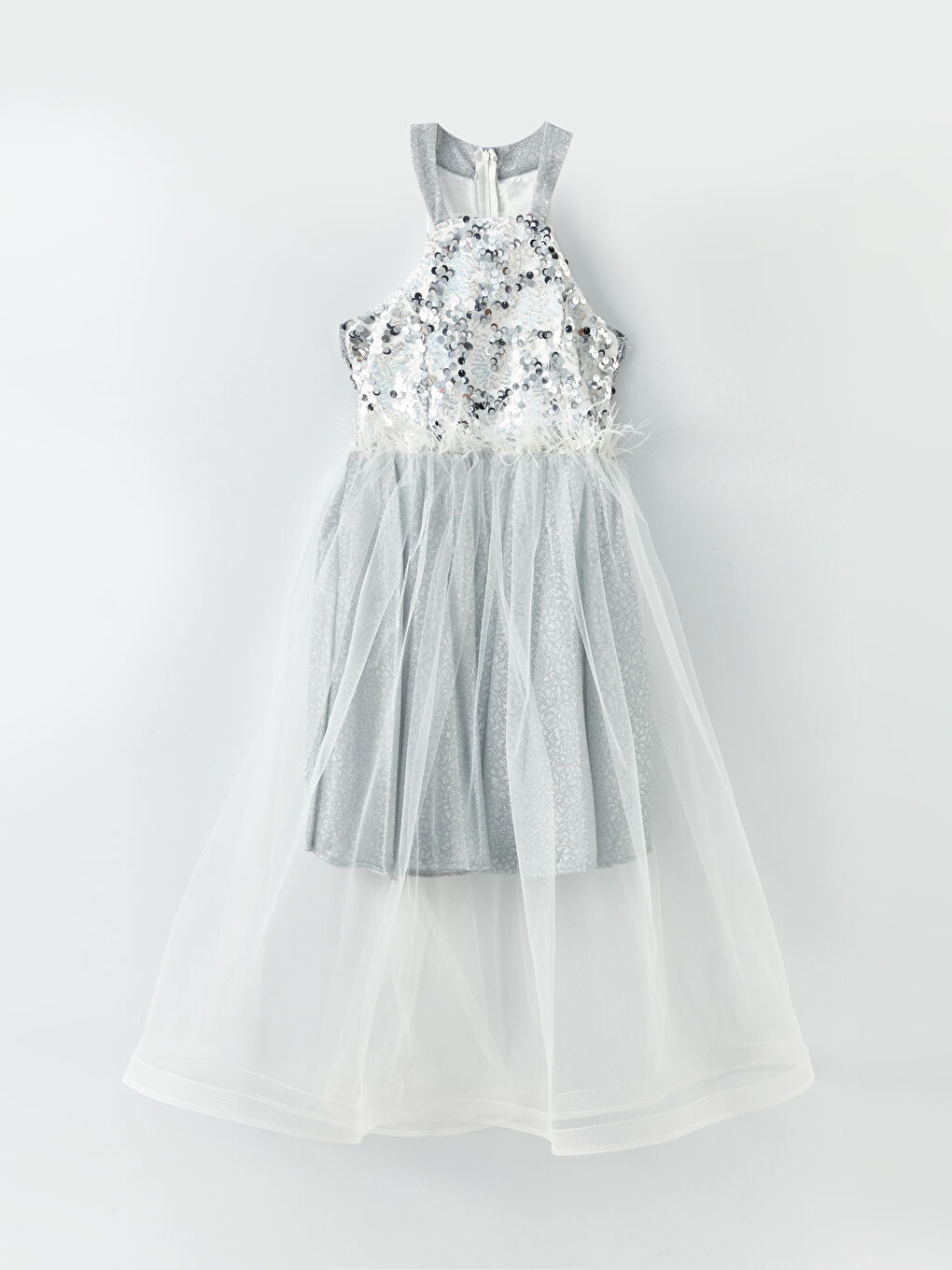 Gri Halter Yaka Pul İşlemeli Tül Detaylı Kız Çocuk Elbise