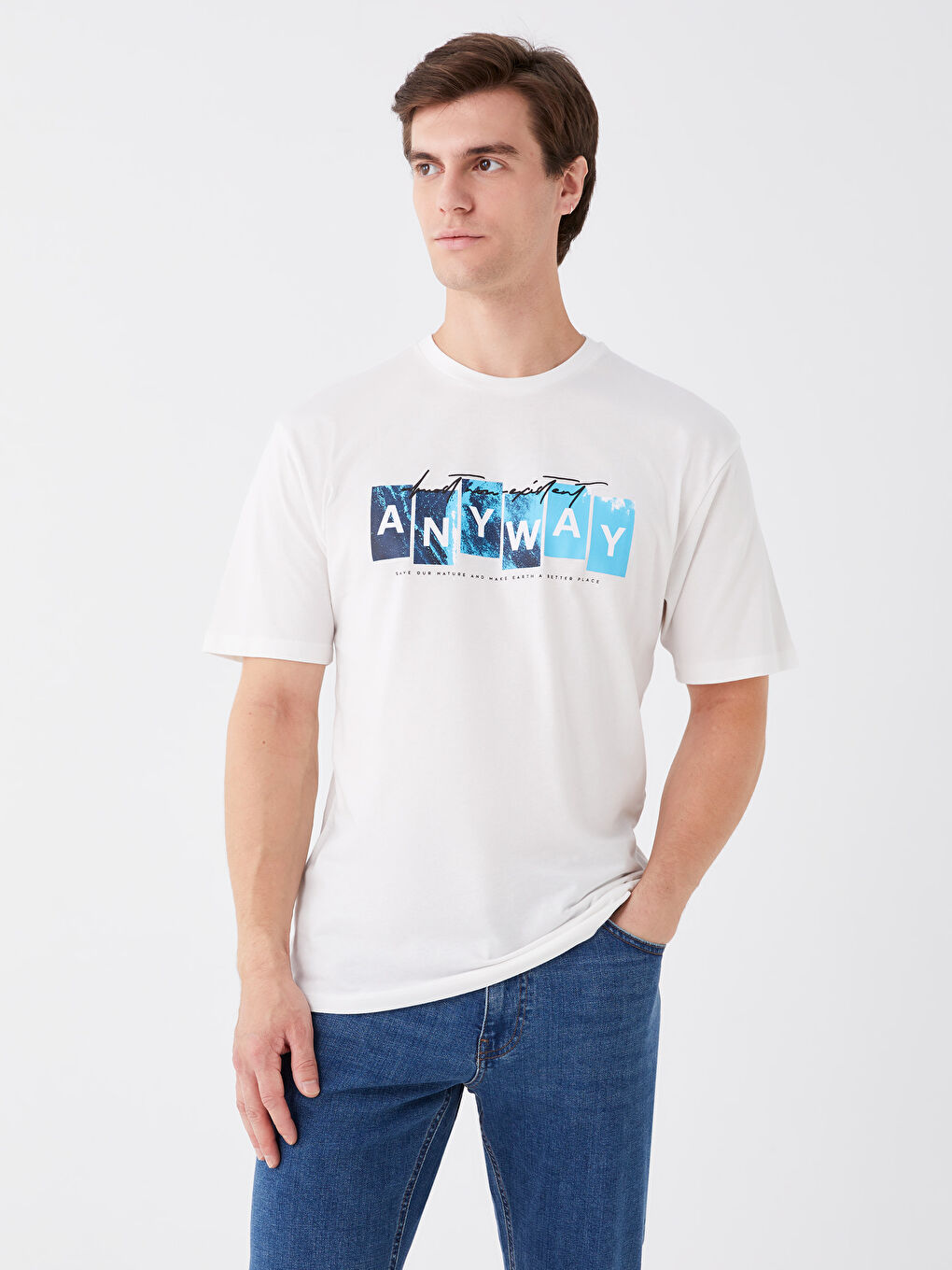 Beyaz Bisiklet Yaka Kısa Kollu Baskılı Penye Erkek Tişört