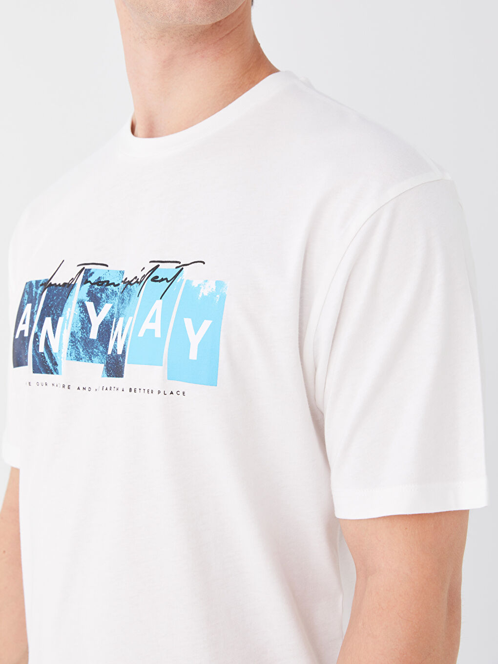 Beyaz Bisiklet Yaka Kısa Kollu Baskılı Penye Erkek Tişört-3