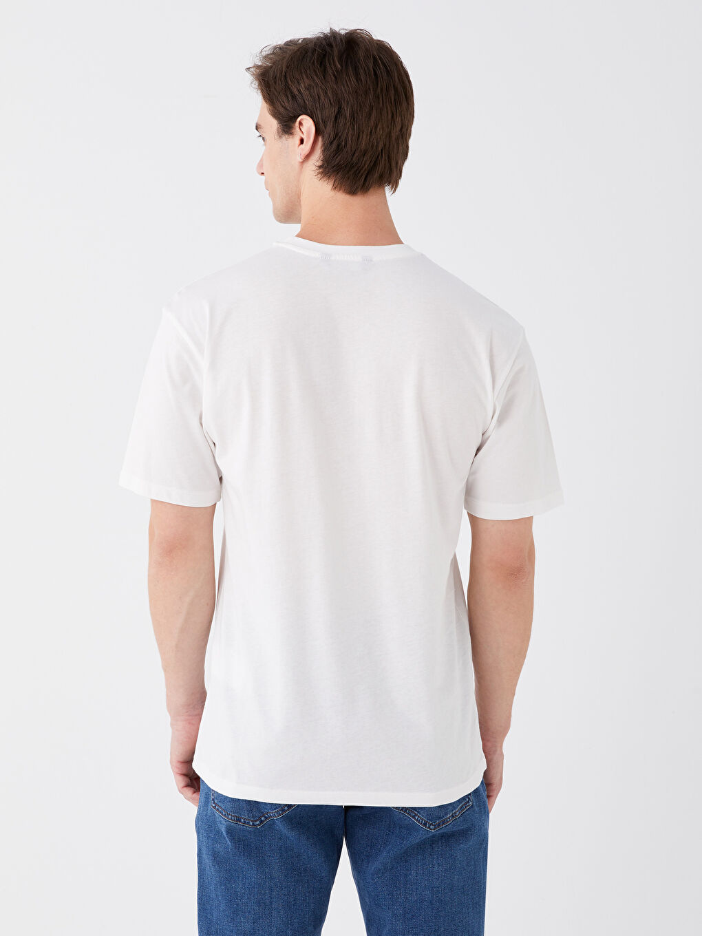 Beyaz Bisiklet Yaka Kısa Kollu Baskılı Penye Erkek Tişört-4