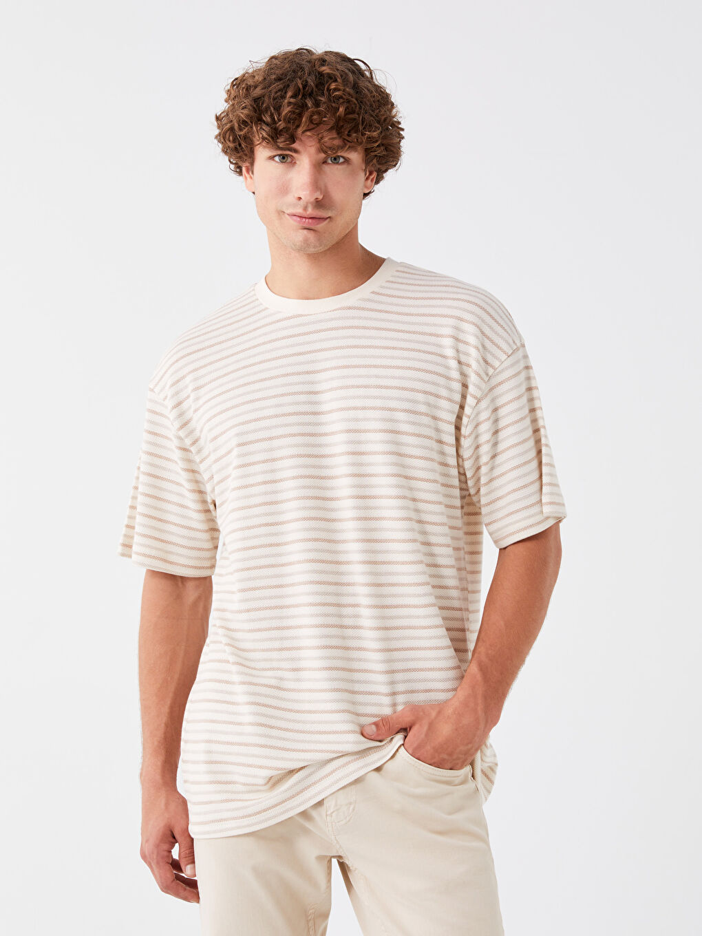 Kahverengi Bisiklet Yaka Kısa Kollu Çizgili Erkek Tişört