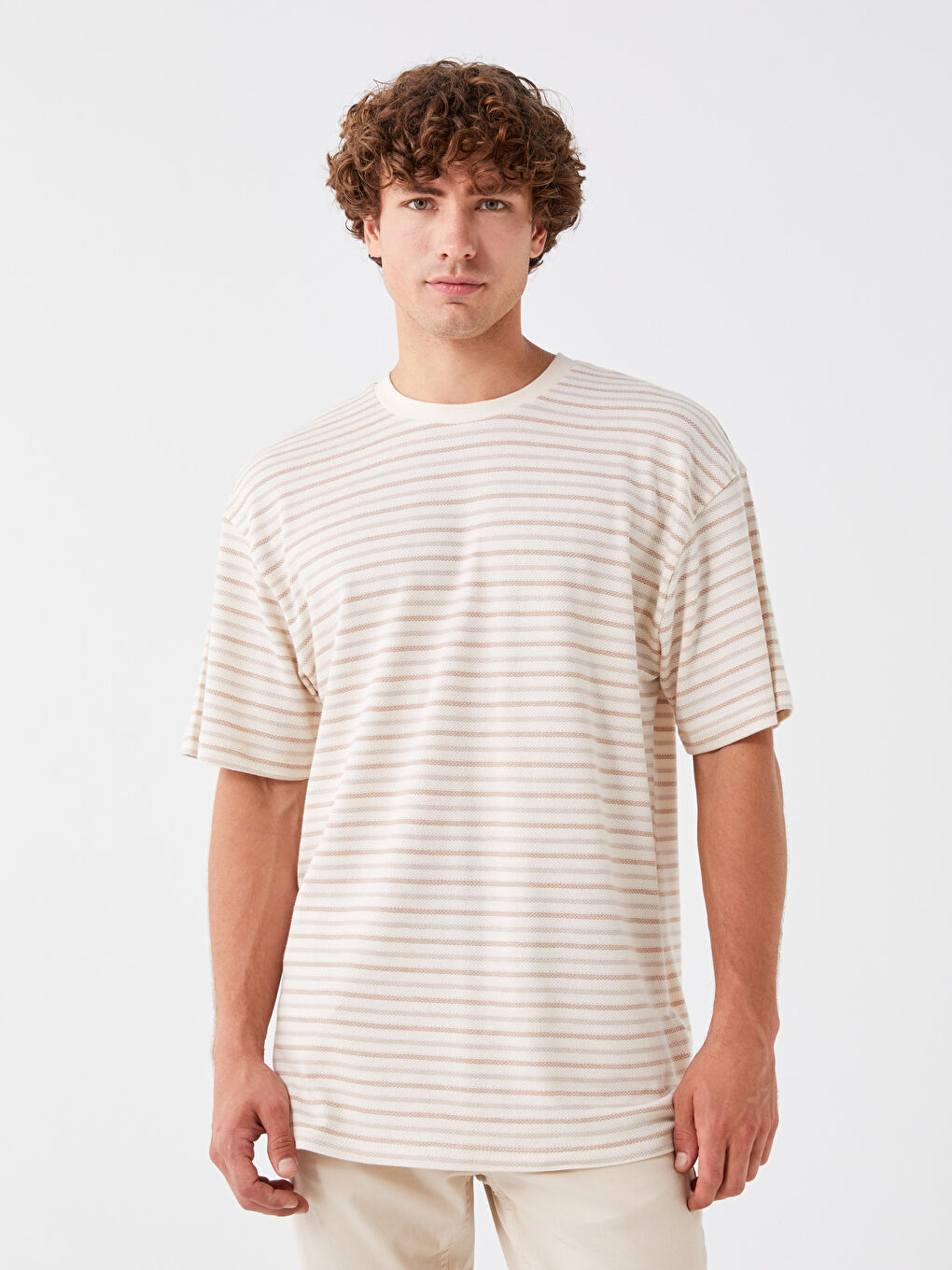 Kahverengi Bisiklet Yaka Kısa Kollu Çizgili Erkek Tişört-1