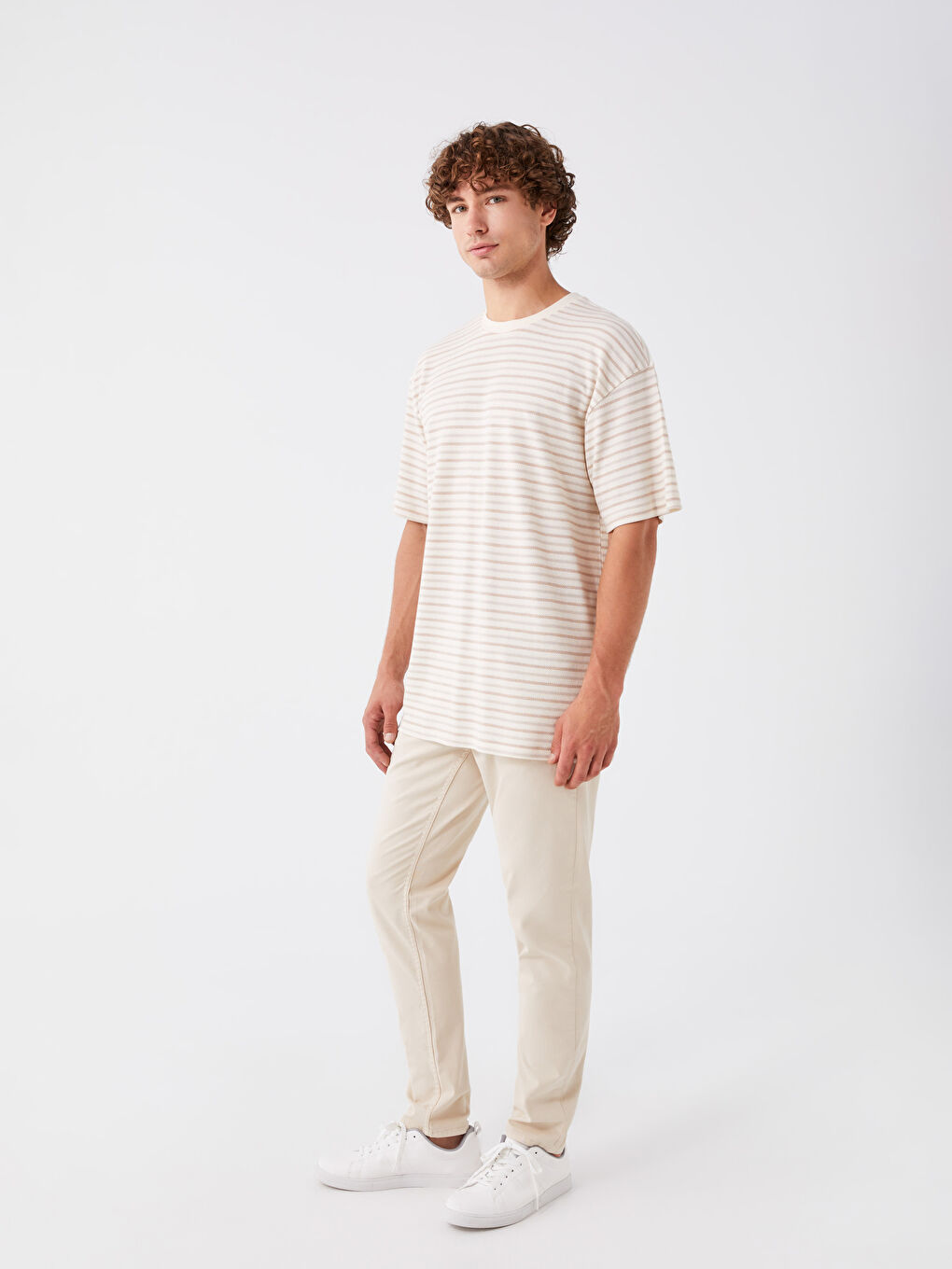 Kahverengi Bisiklet Yaka Kısa Kollu Çizgili Erkek Tişört-2