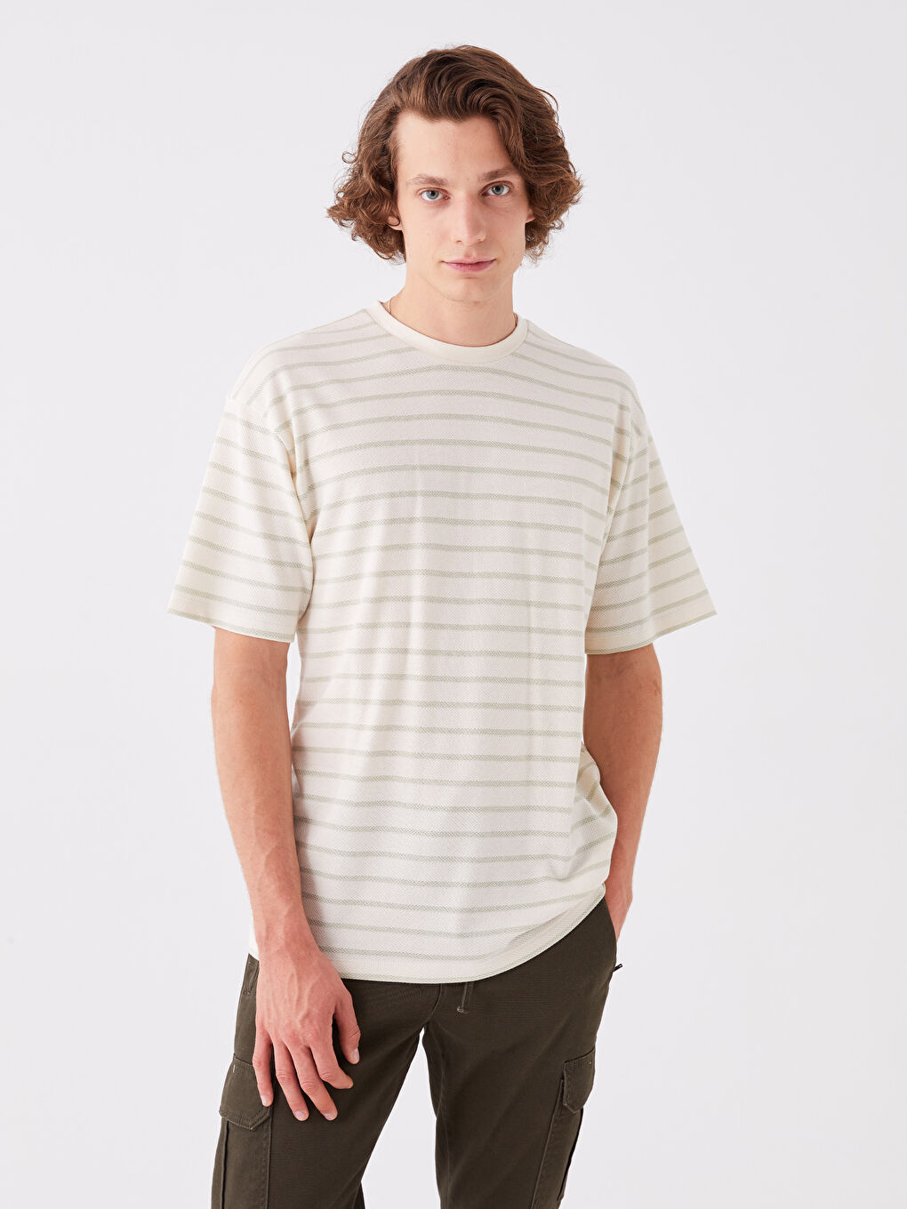 Yeşil Bisiklet Yaka Kısa Kollu Çizgili Erkek Tişört