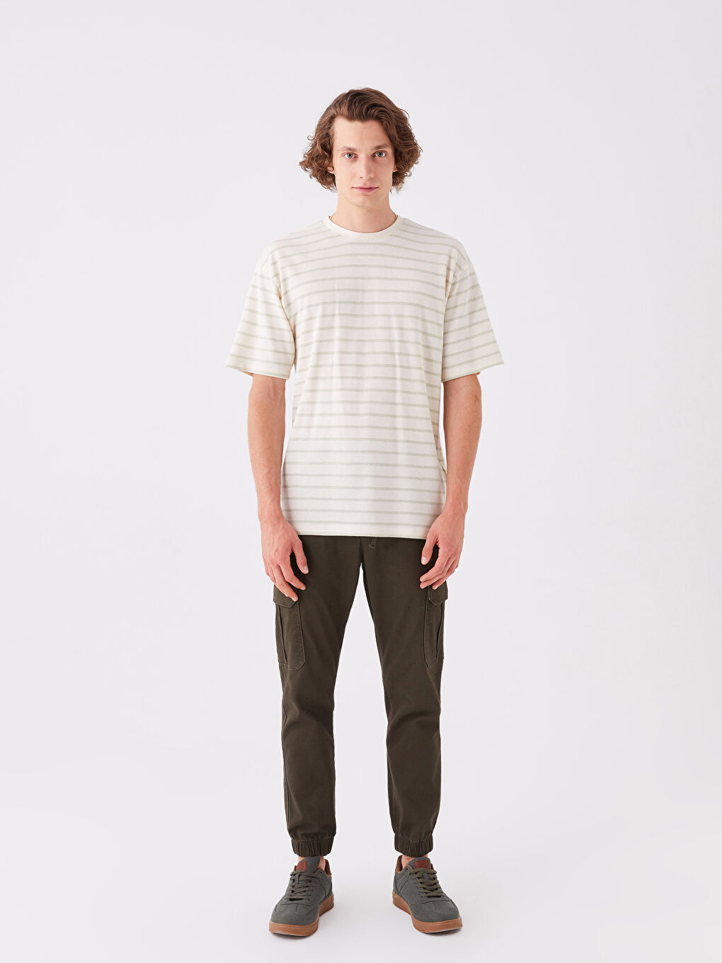 Yeşil Bisiklet Yaka Kısa Kollu Çizgili Erkek Tişört-2