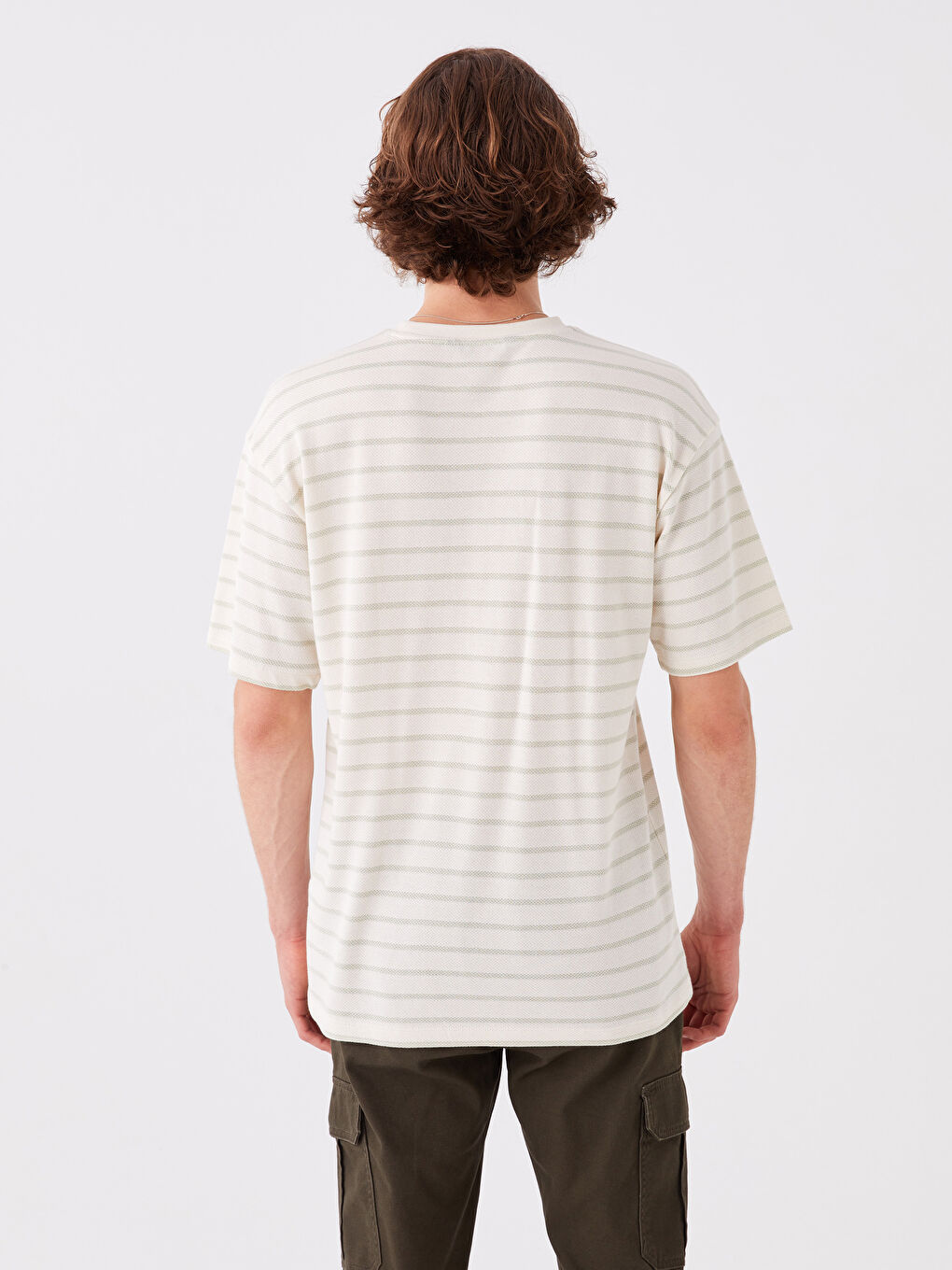 Yeşil Bisiklet Yaka Kısa Kollu Çizgili Erkek Tişört-4