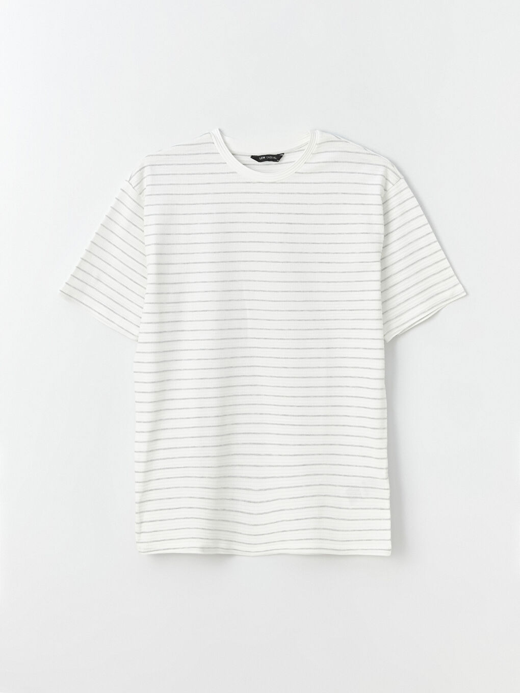 Ekru Bisiklet Yaka Kısa Kollu Çizgili Penye Erkek Tişört-1