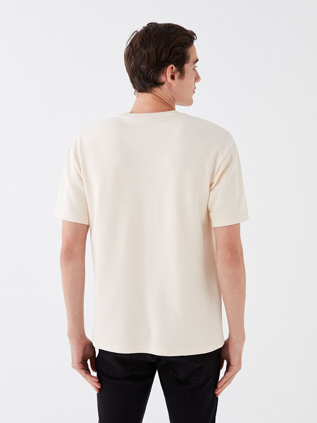 Ekru Bisiklet Yaka Kısa Kollu Baskılı Erkek Tişört-4