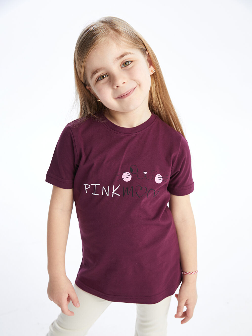 Bordo Bisiklet Yaka Baskılı Kısa Kollu Kız Çocuk Tişört