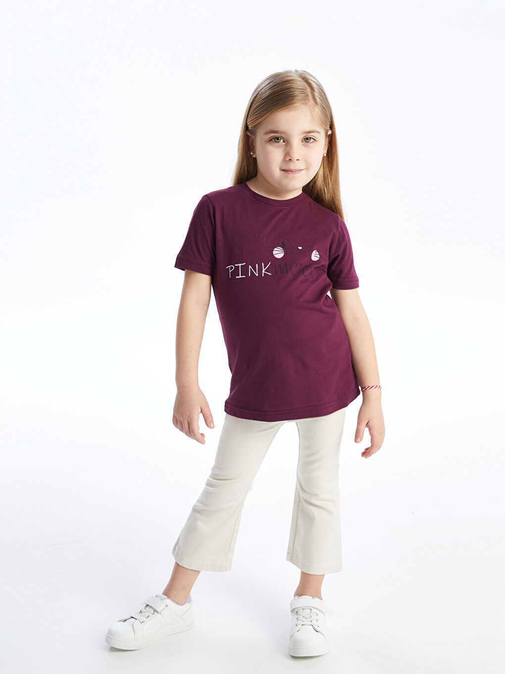 Bordo Bisiklet Yaka Baskılı Kısa Kollu Kız Çocuk Tişört-1