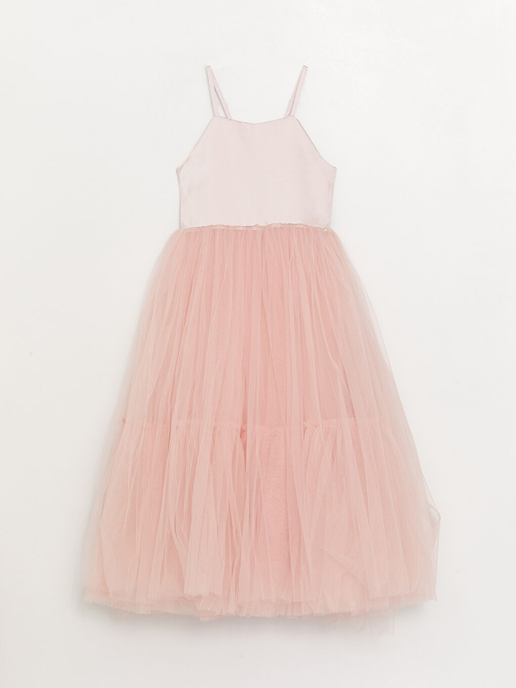 Pembe Kare Yaka Tül Detaylı Kız Çocuk Elbise