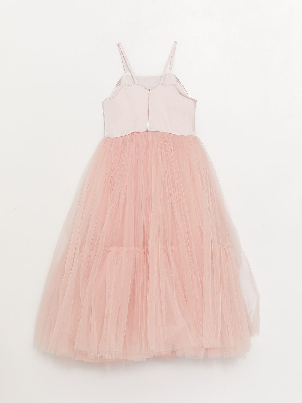 Pembe Kare Yaka Tül Detaylı Kız Çocuk Elbise-1