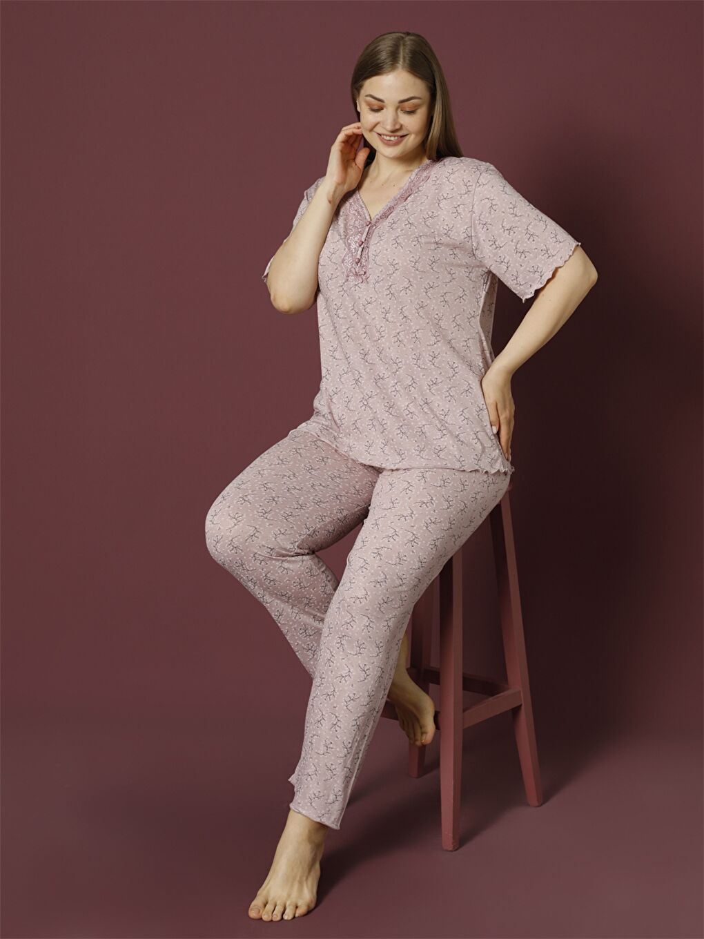 Mor V Yaka Kadın Pijama Takım