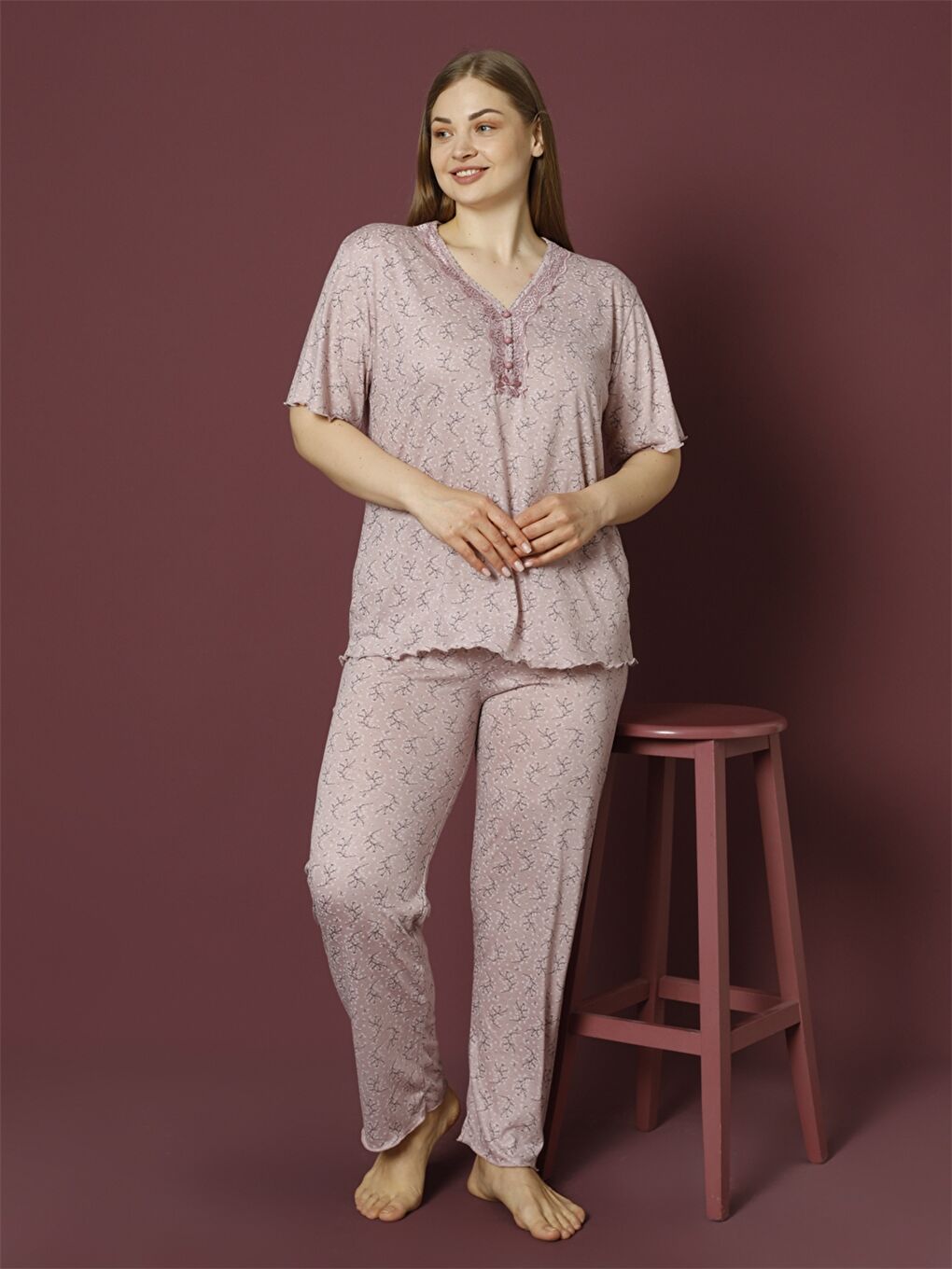 Mor V Yaka Kadın Pijama Takım-2