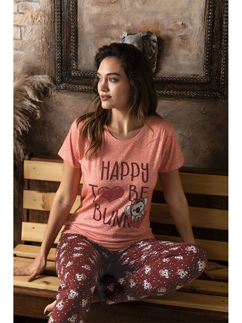 Kırmızı Bisiklet Yaka Kadın Pijama Takım-1