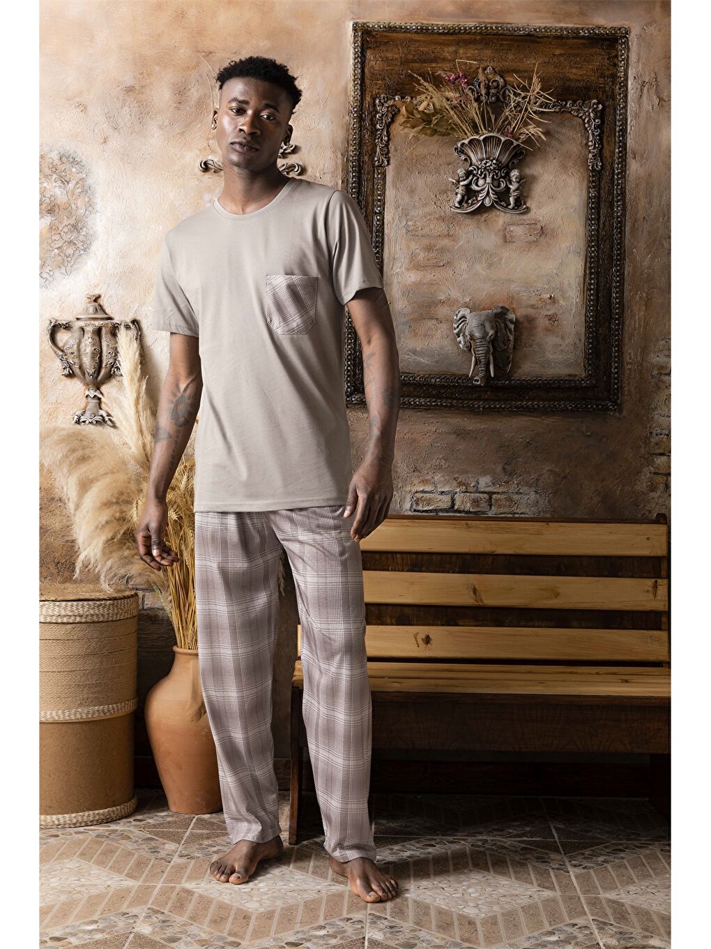Bej Standart Kalıp Erkek Pijama Takımı