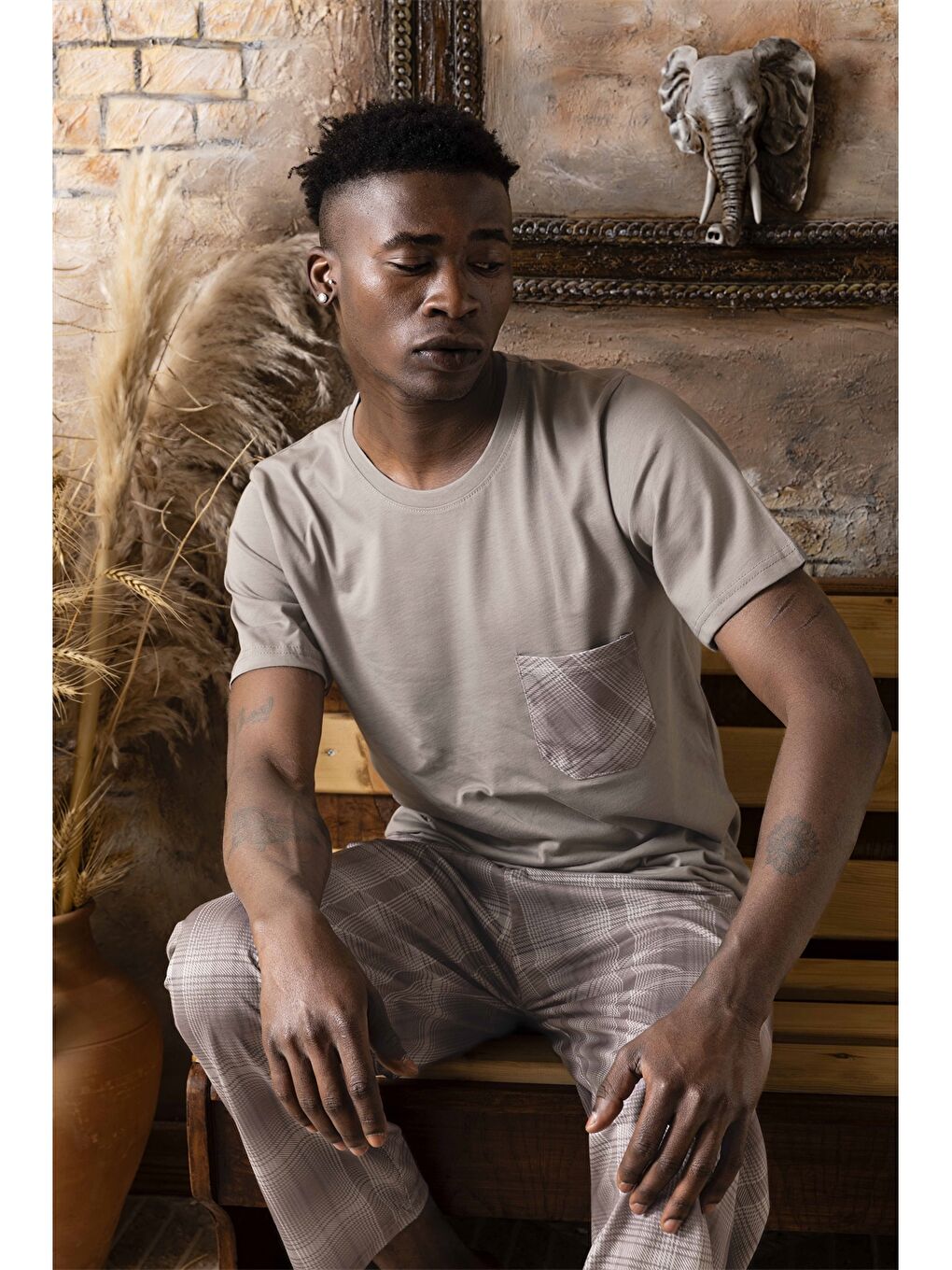 Bej Standart Kalıp Erkek Pijama Takımı-1