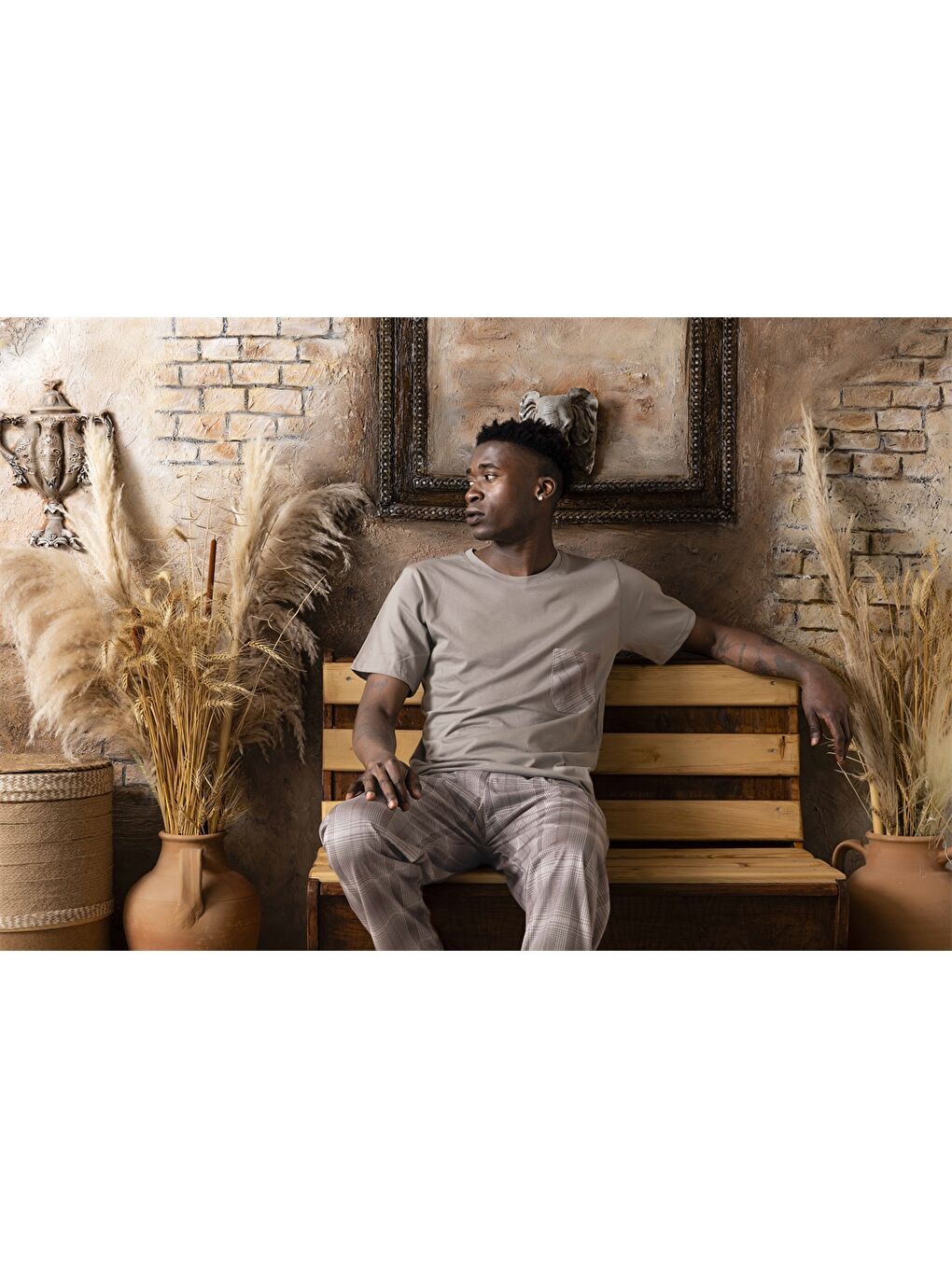 Bej Standart Kalıp Erkek Pijama Takımı-2