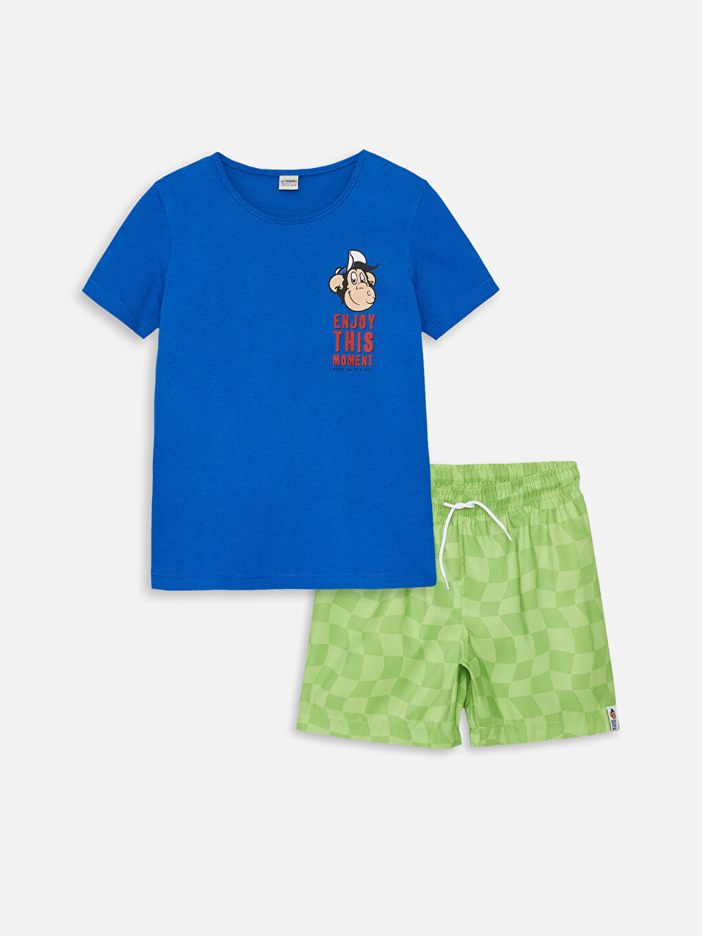 LCW Kids Mavi Bisiklet Yaka Nostaljik Maymun Baskılı Erkek Çocuk Tişört ve Deniz Şortu
