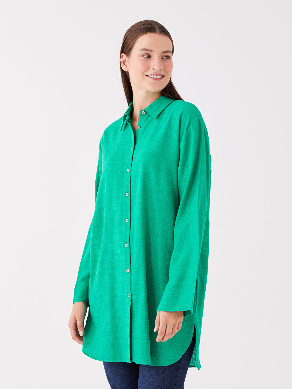 Yeşil Düz Uzun Kollu Kadın Gömlek Tunik