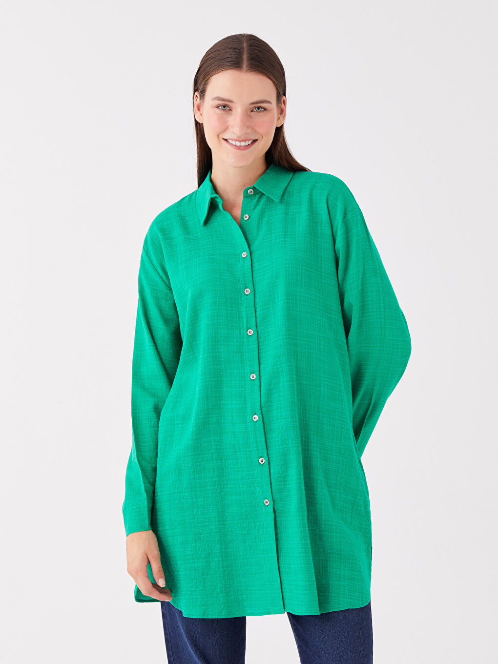 Yeşil Düz Uzun Kollu Kadın Gömlek Tunik-1