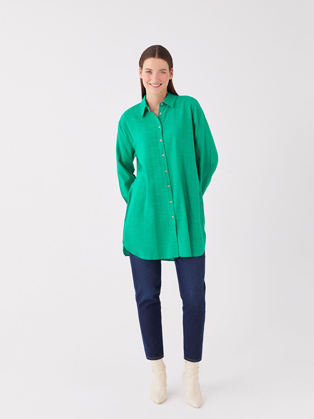 Yeşil Düz Uzun Kollu Kadın Gömlek Tunik-2