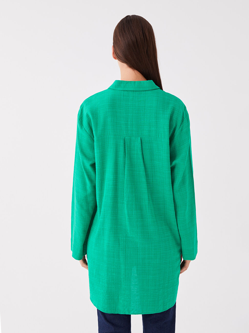 Yeşil Düz Uzun Kollu Kadın Gömlek Tunik-4