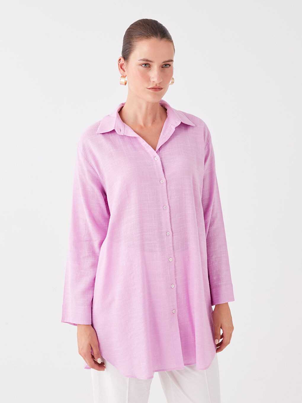 Lila Düz Uzun Kollu Kadın Gömlek Tunik