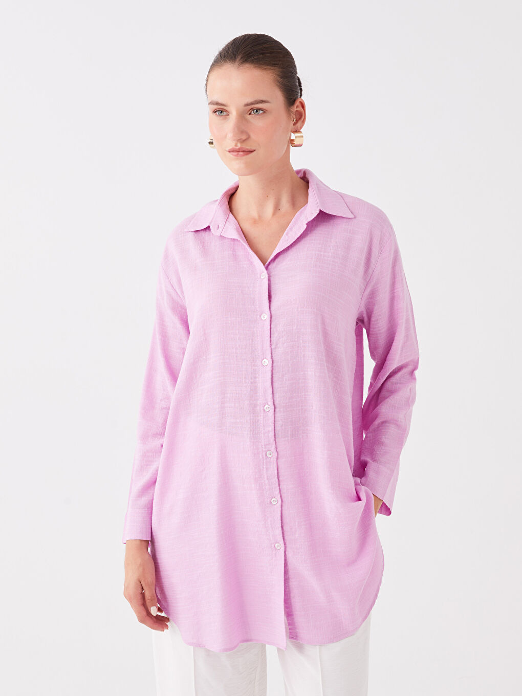 Lila Düz Uzun Kollu Kadın Gömlek Tunik-1
