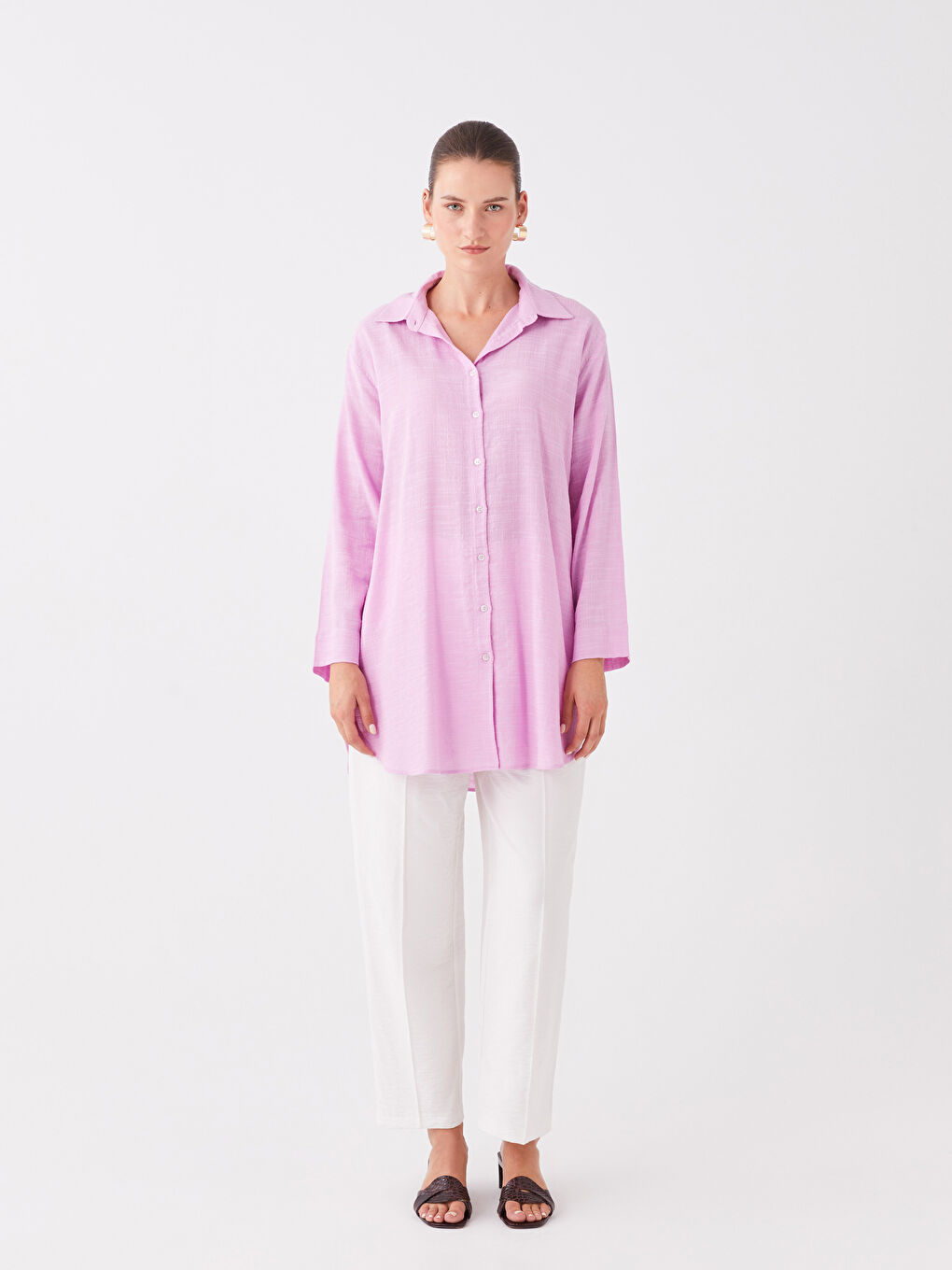 Lila Düz Uzun Kollu Kadın Gömlek Tunik-2